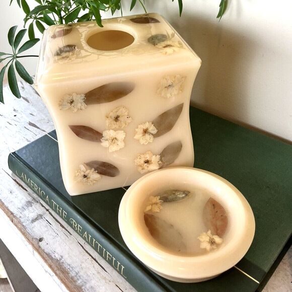 Other - Vintage Cream Acrylic Dried Flowers Tissue Box & Soap Dish Bathroom Set / Retro